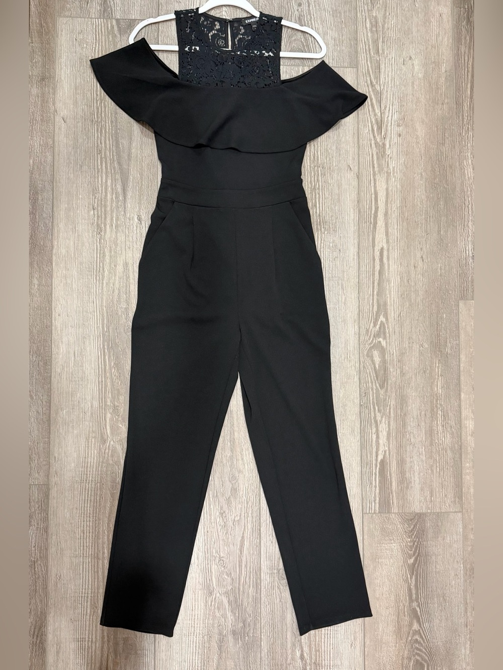 Express Black Lace Yoke Off-Shoulder Jumpsuit